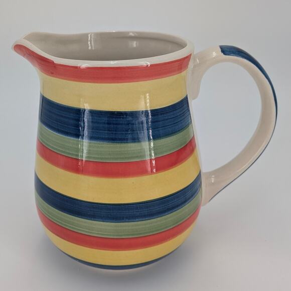 Rainbow Striped Pitcher Hand Painted Jug Ceramic VTG Swirl Multicolor Beverage - Picture 1 of 10